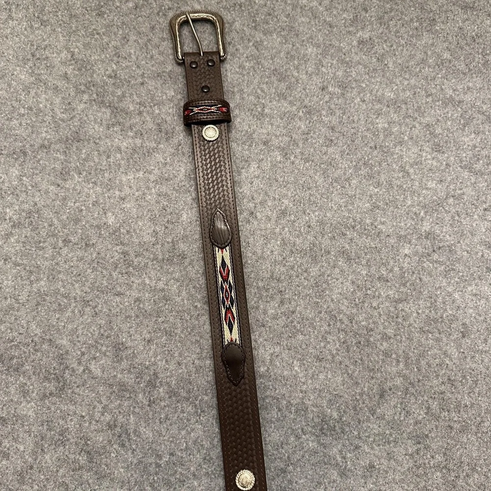 Western Leather Belt Mens 34 Brown Basketweave Southwestern Woven Inlay Buckle